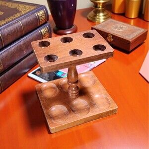 Vintage Wood Tobacco Pipe Stand Holder Rack Mid Century 6 Slot Smoking Tray